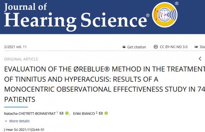 Publication étude clinique Øreblue hyperacousie et acouphène Journal Of Hearing Science