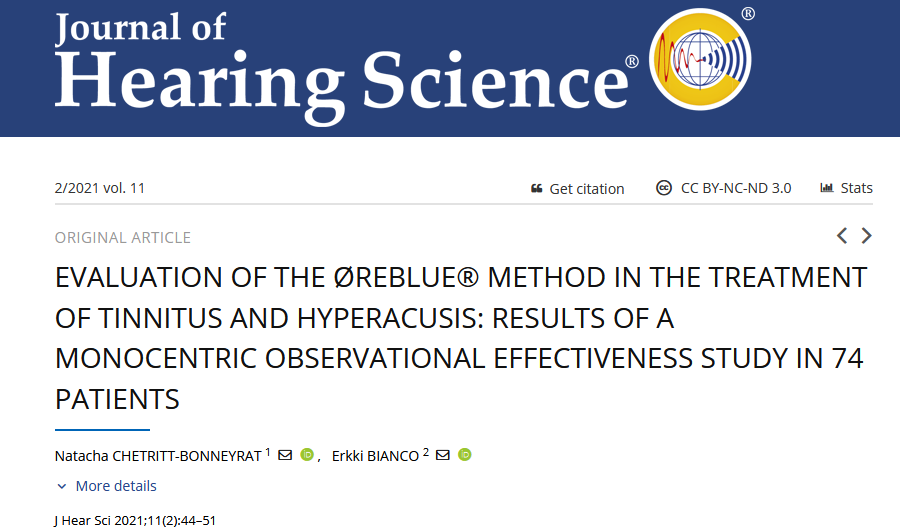 Publication étude clinique Øreblue hyperacousie et acouphène Journal Of Hearing Science